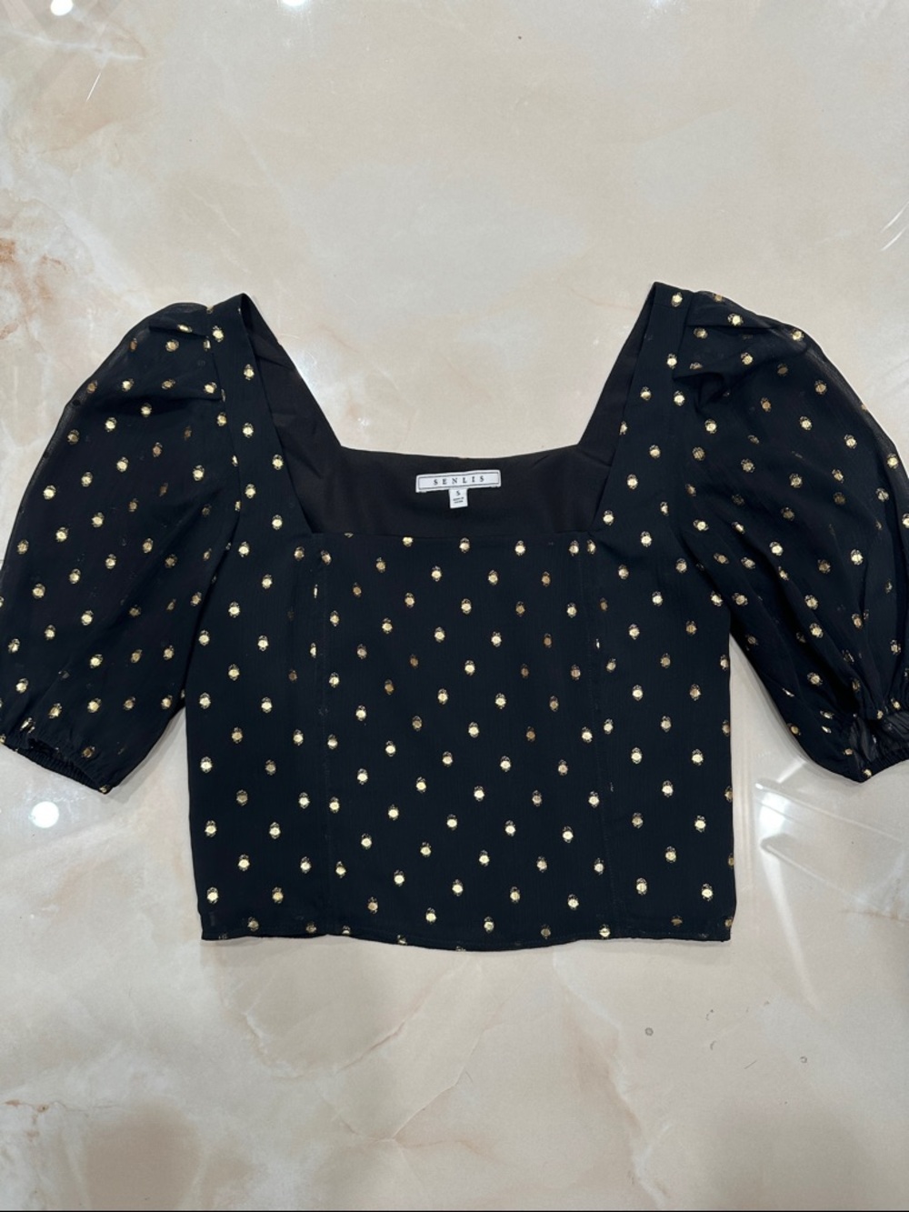 Senlis Black Square-Neck Puff Sleeve Crop Top with Gold Dots